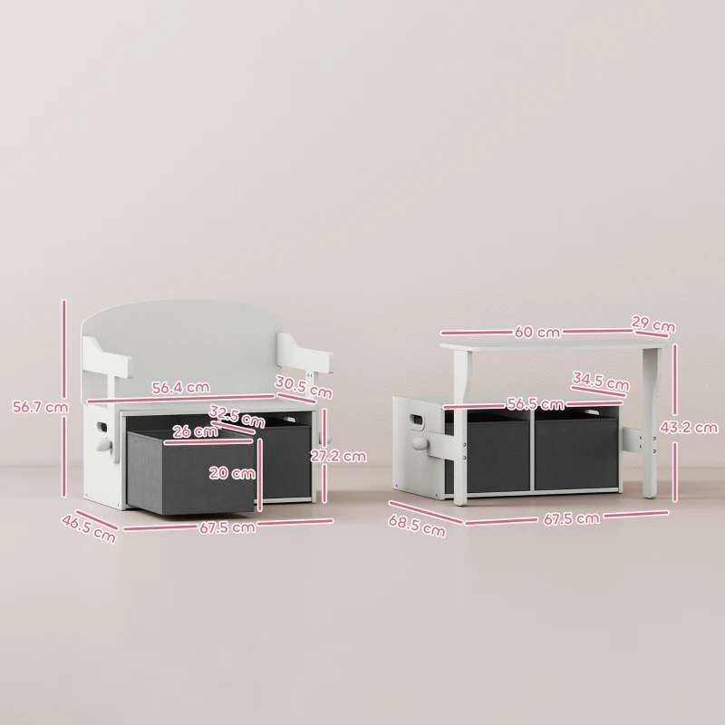 AIYAPLAY 3 in 1 Kids Storage Bench, Convertible Children Table and Chair Set with 2 Fabric Bins, Toy Storage Box, White