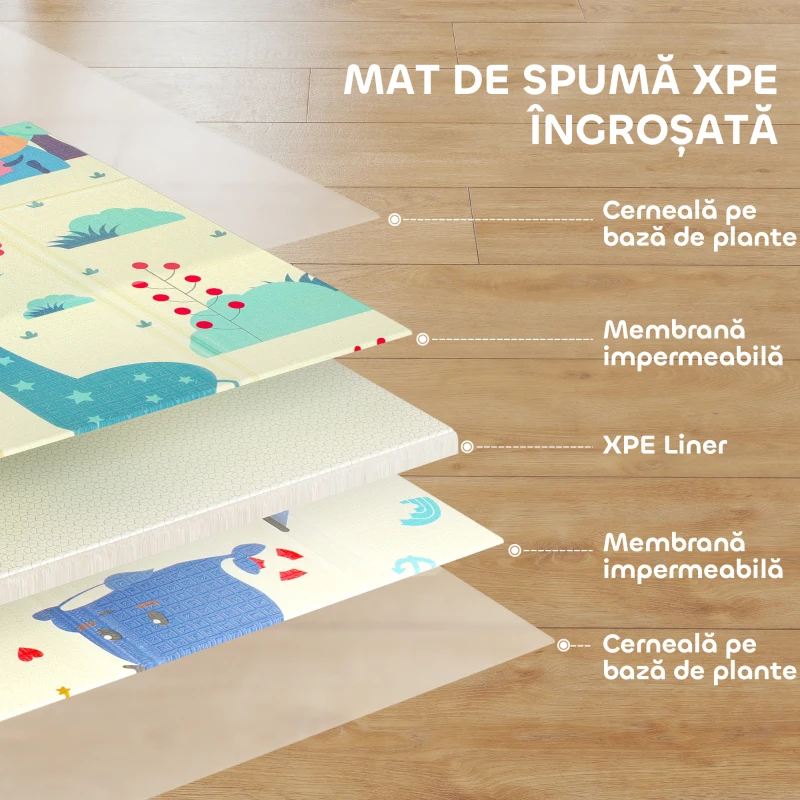 AIYAPLAY Covoraș bebeluși pliabil, față-verso, 196x176cm, temă cerbi și balene