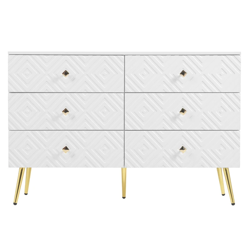 Cassettiera a 6 cassetti, con motivo geometrico e maniglie a forma di diamante, per camera da letto e soggiorno, 120x40x80 cm, Bianco