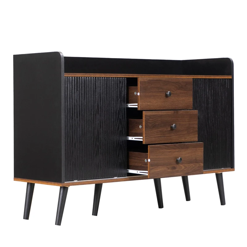 Credenza con 3 cassetti, ante scorrevoli a righe, 117,5x39,5x80 cm, Nero
