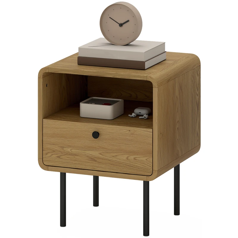 HOMCOM Bedside Table with Drawer and Open Shelf - Oak