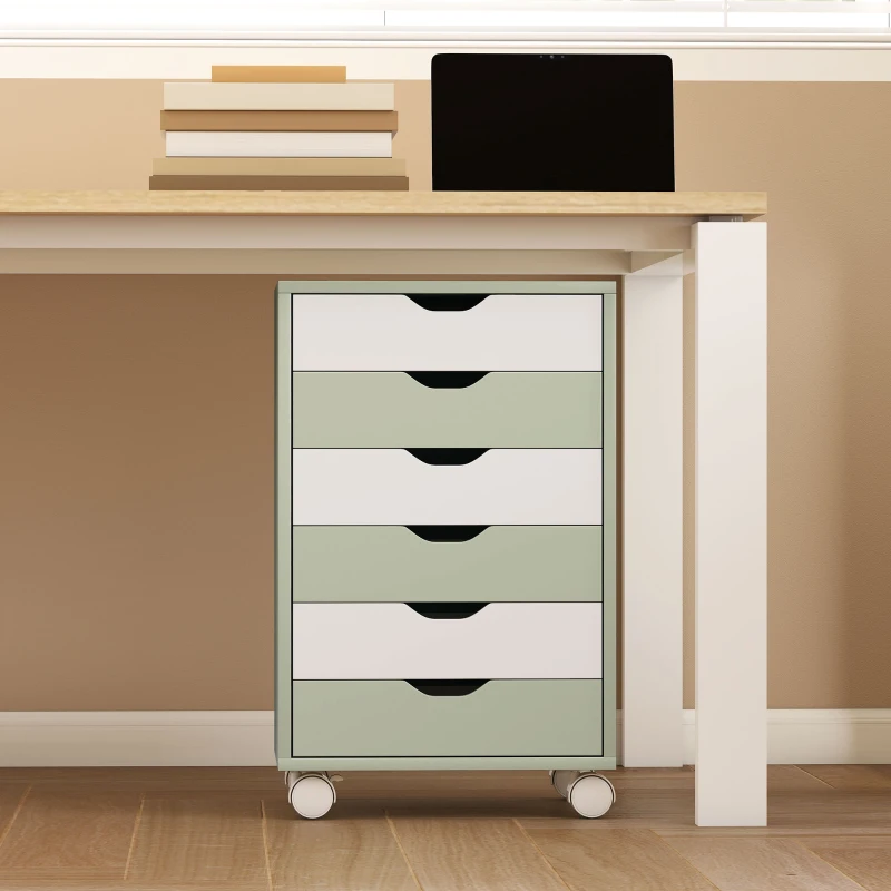 HOMCOM Bloco de Gavetas Móvel Arquivador com 6 Gavetas Suporte para Impressora com Rodas 40x35x63 cm Verde e Branco