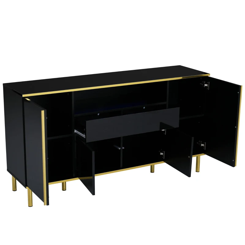 Credenza con illuminazione a LED, 4 ante, 1 cassetto, 150x40x80 cm, Nero