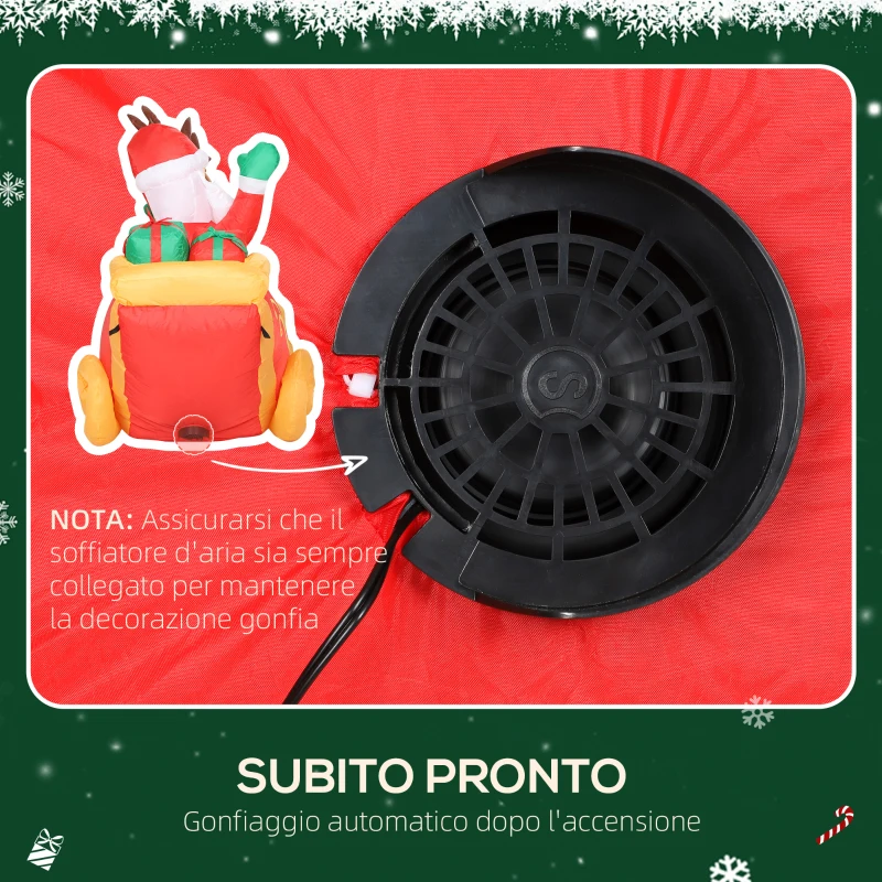 Outsunny Babbo Natale Gonfiabile con Slitta e Renne da 2.4m con 6 Luci LED e Gonfiatore per Esterni e Interni