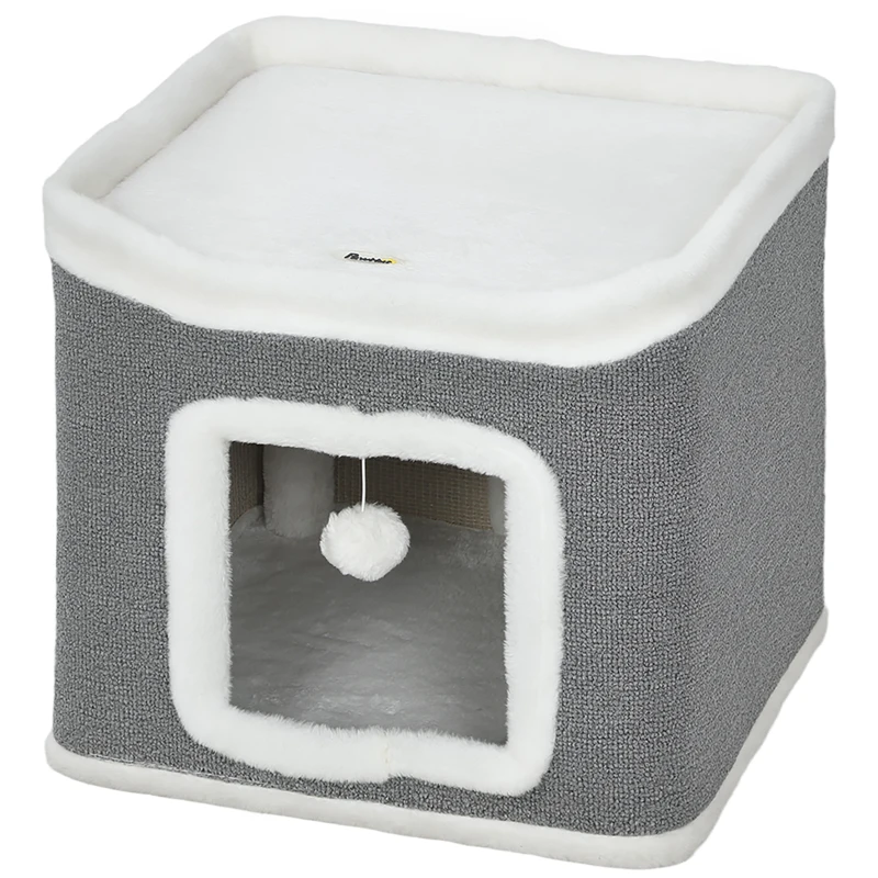 PawHut Cat House for Indoor Kittens, 2-Level Cat Cave Bed with Fluffy Balls, Top Bed, Kitten Barrel for Multi Kitties, Grey