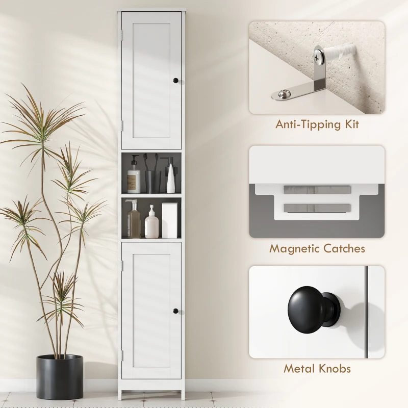 HOMCOM Dulap de Baie înalt cu 2 Dulapuri și 2 Rafturi Deschise, Dulap de Baie Economisitor de Spațiu cu Rafturi Reglabile pentru Sufragerie, 30x30x170 cm, Alb