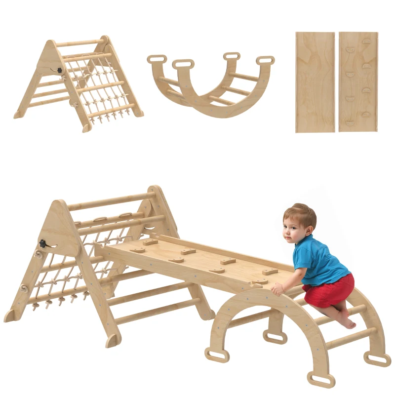 AIYAPLAY Triangle d'escalade enfants 8 en 1 avec rampe double face, arc d'escalade en bois avec toboggan & échelle, naturel