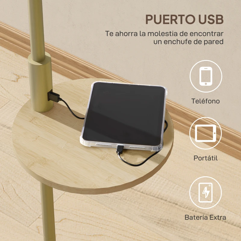 HOMCOM Lámpara de Pie Moderna con Estante Pantalla de Lino Interruptor de Cadena y Puerto USB Ø40x170 cm para Salón Dorado