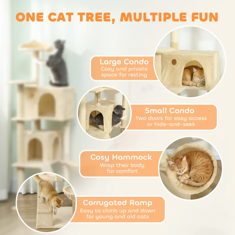 PawHut 160cm Large Cat Tree Tower with Sisal Scratching Posts, Condos, Plush Perches, Hammock, Ladder, Beige