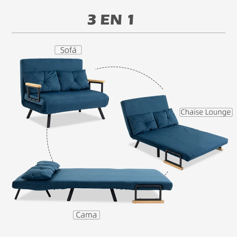 HOMCOM Sofá Cama Convertible 4 en 1 Sillón Cama 2 Plazas Plegable Respaldo Ajustable de 5 Niveles Almohadas 102x73x81 cm Azul