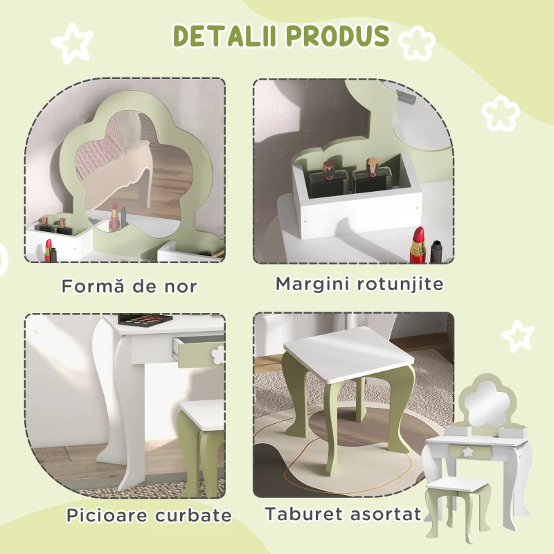 ZONEKIZ Set de toaletă pentru copii cu oglindă de machiaj și scaunel asortat din lemn, sertar și recipiente, alb