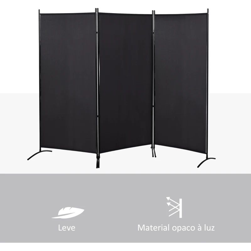 HOMCOM Biombo de 3 Paineis Separador de Ambientes Dobrável Biombo de Privacidade com 6 Pés de Metal 253x50x182 cm Preto