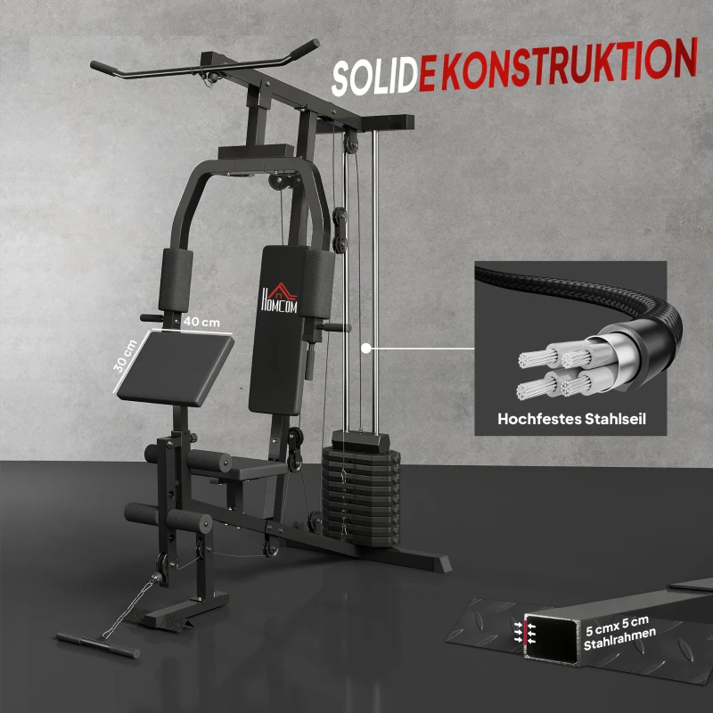 HOMCOM Kraftstation für Zuhause Fitnessstation mit Latzuggerät, Kabelzug, kurzer Bizepsstange, Brustpresse, Beintrainer, Butterfly-Maschine 45kg Gewichten Multifunktion Fitnessstation Schwarz