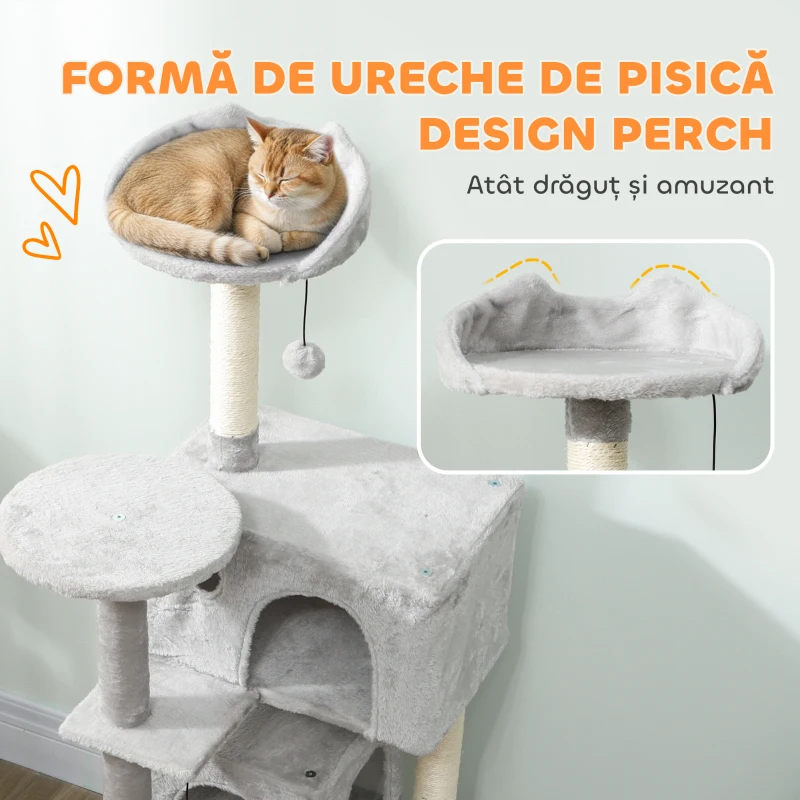 PawHut Ansamblu de Joaca pentru Pisici Înalt de 140 cm cu 2 Căsuțe, Hamac, Pat și Stâlpi din Sisal, Gri