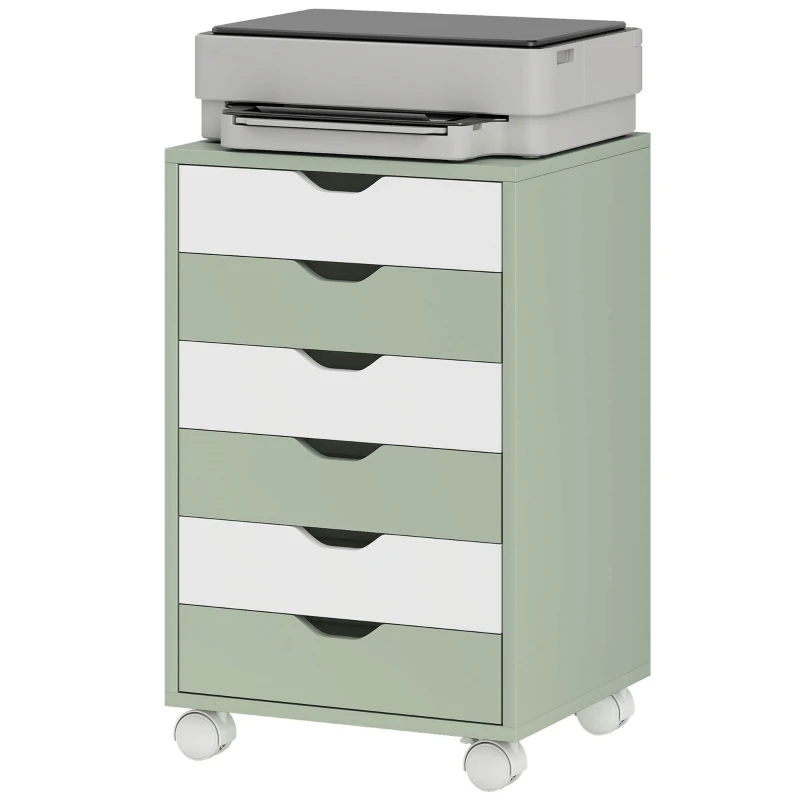 HOMCOM Bloco de Gavetas Móvel Arquivador com 6 Gavetas Suporte para Impressora com Rodas 40x35x63 cm Verde e Branco
