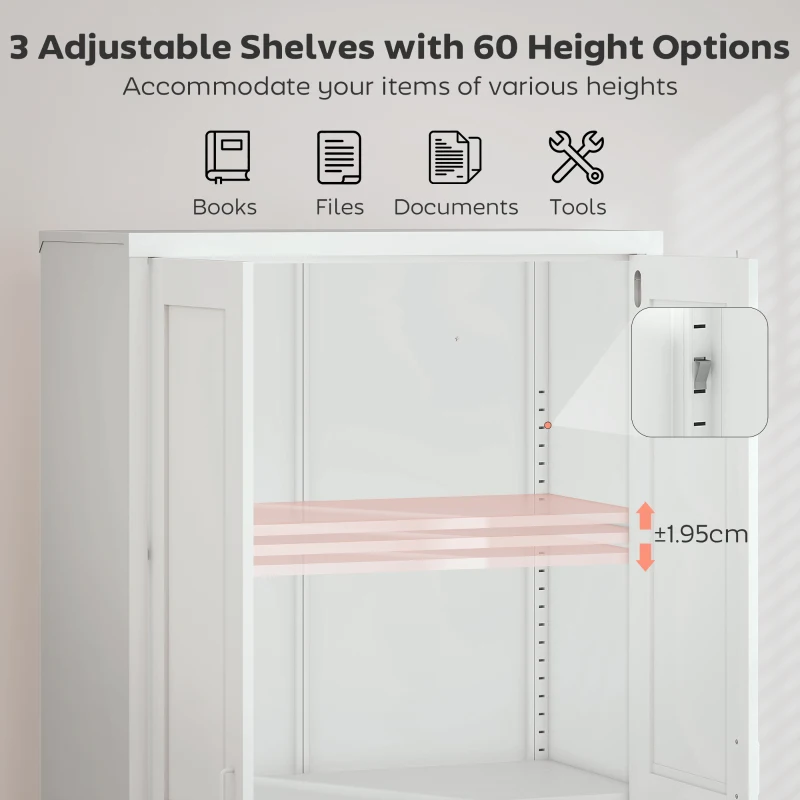 HOMCOM Dulap pentru Birou în Oțel cu 3 Rafturi Reglabile cu Serratură și 2 Chei, 80x40x175 cm, Alb