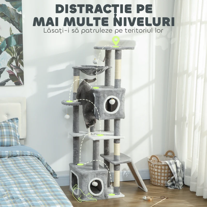 PawHut Arborele pentru Pisici cu Căsuțe, Rampe, Stinghie și 4 Mingi, Gri