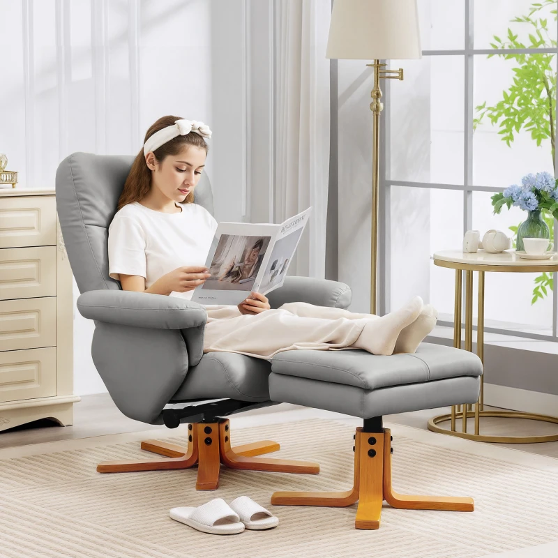 HOMCOM PU Leather Swivel Recliner Chair with Footstool, Wooden Base and Storage for Living Room, Light Grey