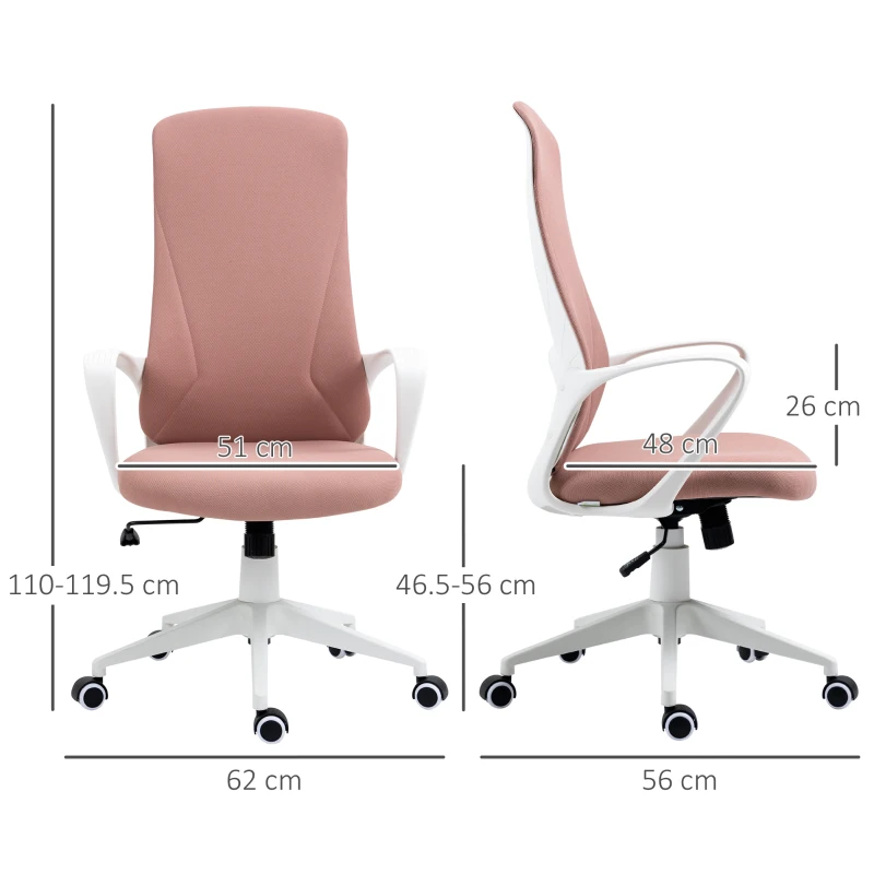 Vinsetto Scaun de birou ergonomic și căptușit, cu înălțime ajustabilă și balans, 62x56x110-119,5 cm, roz