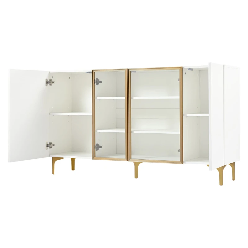 Credenza 4-ante con vetro & metallo, ampio spazio di archiviazione, 150x38x85 cm, Bianco
