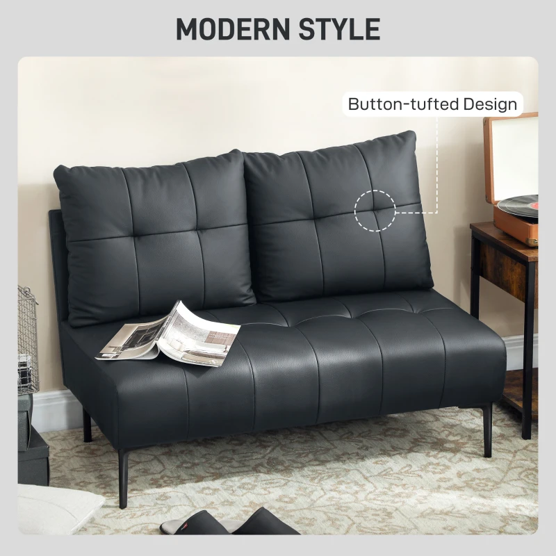 HOMCOM Canapea cu Două Locuri Fără Brațe în Piele Sintetică Capitonată cu Nasturi Negru