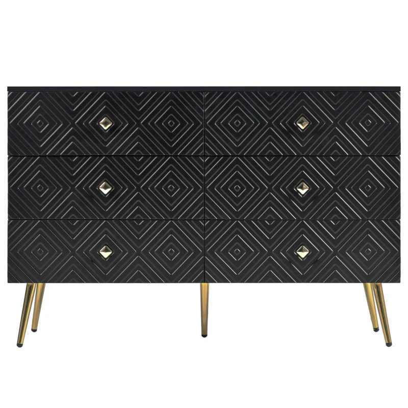 Cassettiera a 6 cassetti, con motivo geometrico e maniglie a forma di diamante, per camera da letto e soggiorno, 120x40x80 cm, Nero