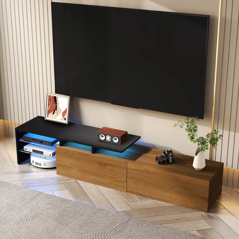 Mobile TV con illuminazione LED, spazio di archiviazione e ripiani in vetro, 170x33x33,5 cm, Nero+Colore naturale
