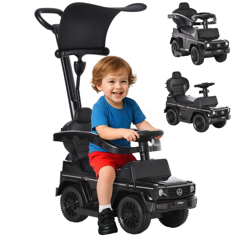 HOMCOM Porteur Enfants Voiture Enfant Multi-équipée 12-36 Mois klaxon Marche-Pieds, Garde-Corps et ombrelle Noir