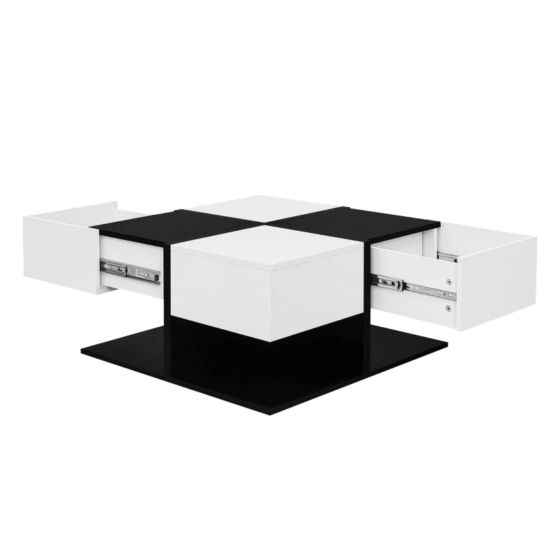 Tavolino da salotto con 2 cassetti, tavolino quadrato da soggiorno con vano contenitore, 70x70x35,5 cm, Nero+Bianco