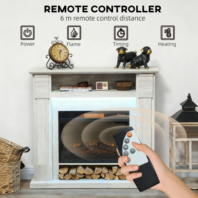 HOMCOM Șemineu Electric 1800W Reglabil cu Flacără 3D, Raft, Timer și Telecomandă, 105x27x97 cm, culoare Lemn