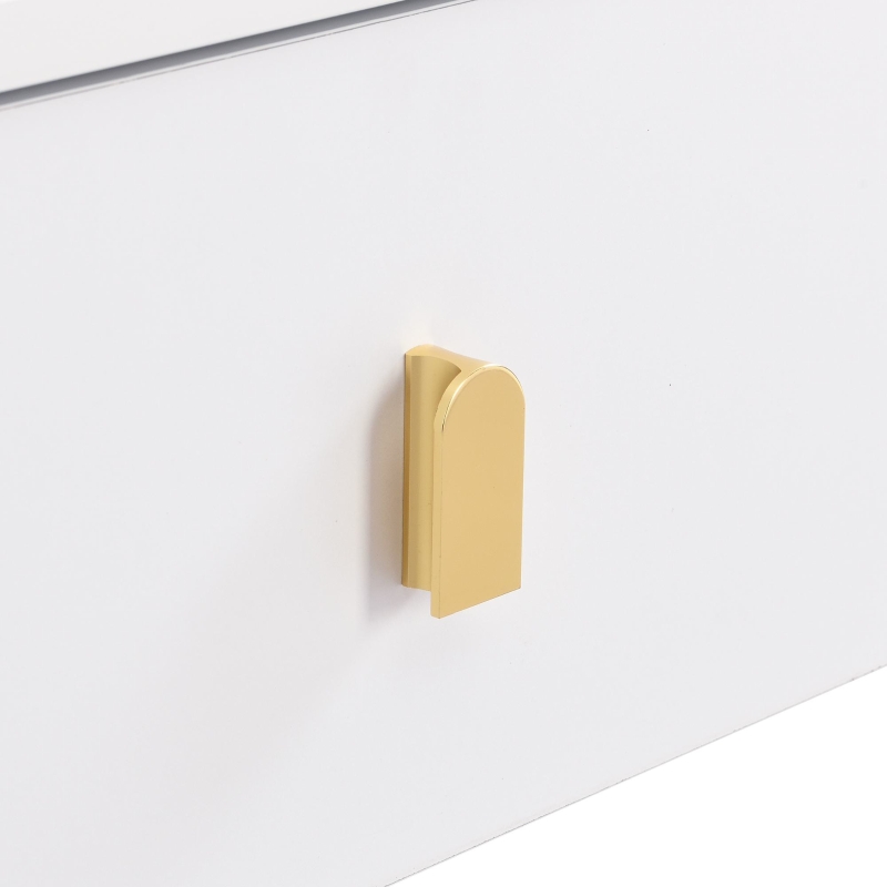 Tavolino da salotto con 2 cassetti, angoli arrotondati, maniglie e gambe dorate, 108x50x40 cm, Bianco