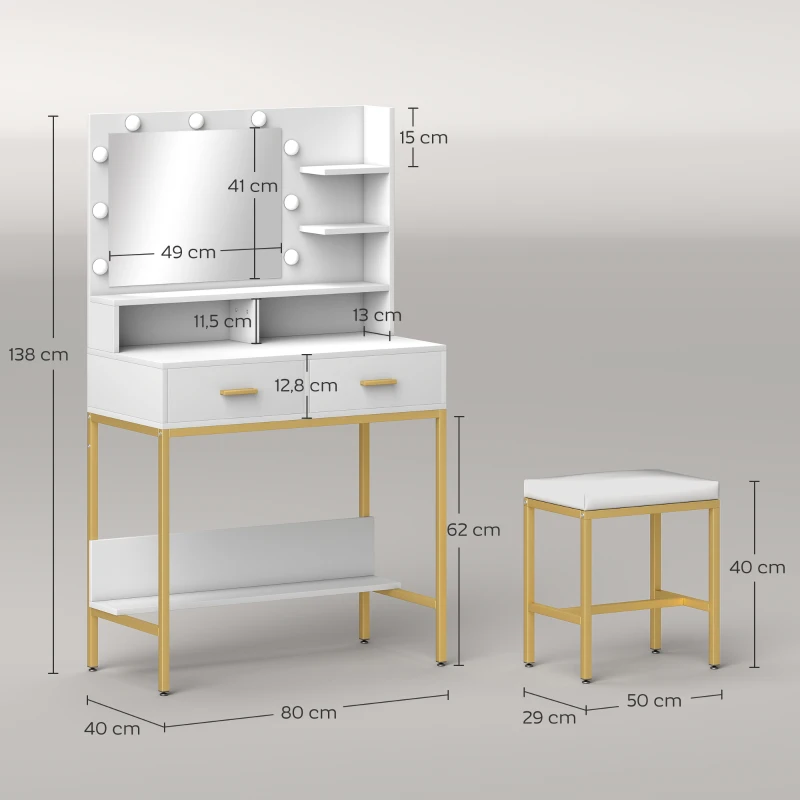 HOMCOM Tocador de Maquillaje con Luz y Taburete Mesa de Maquillaje con 2 Cajones y Estantes de Almacenamiento Blanco