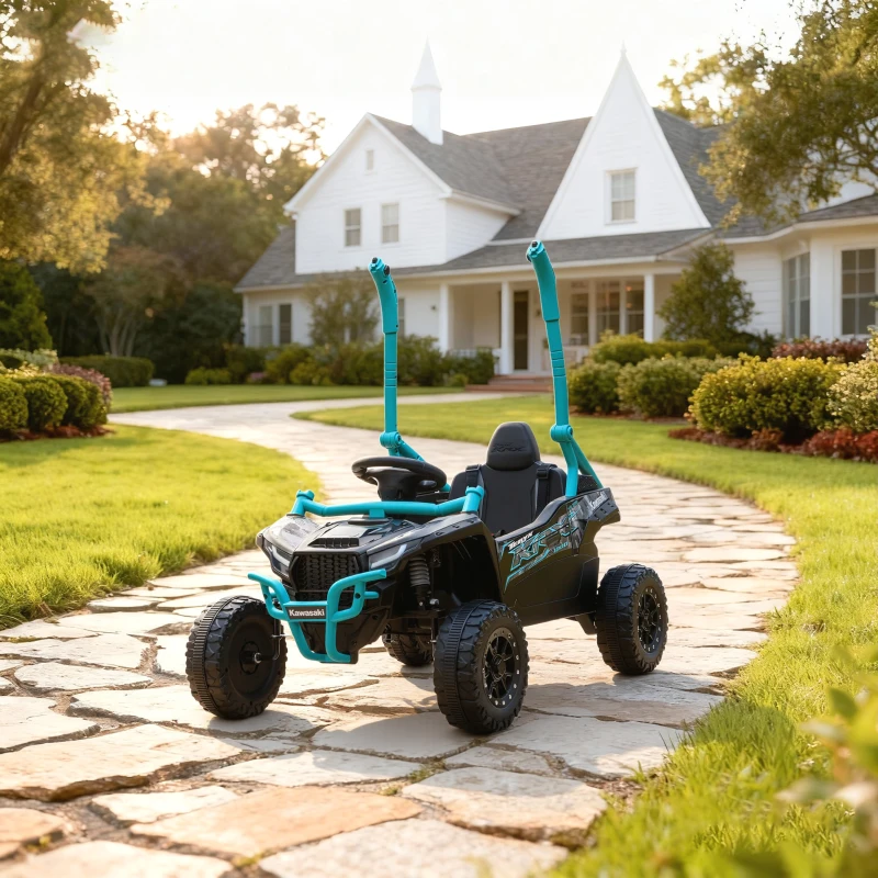 AIYAPLAY Carro Elétrico para Crianças 12V Kawasaki Teryx KRX 1000 com 2 Motores Faróis e USB 100x64x56 cm Azul