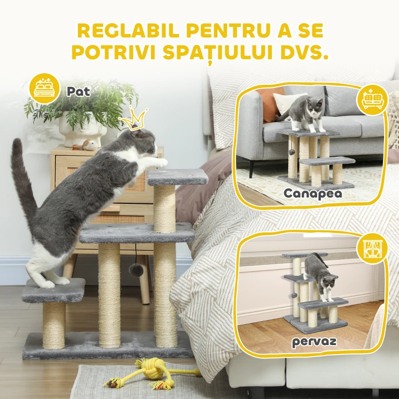 PawHut Scară pentru Câini și Pisici cu 3 Trepte din Pluș și Stâlpi Zgâriători din Sisal, Capacitate 10 kg, Gri