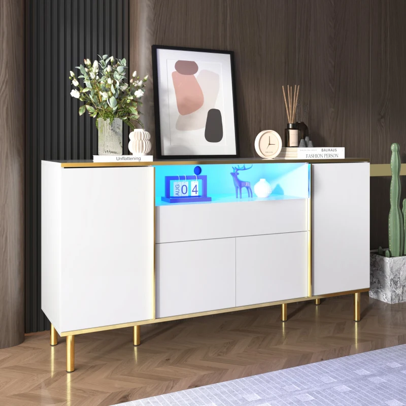 Credenza con illuminazione a LED, 4 ante, 1 cassetto, 150x40x80 cm, Bianco