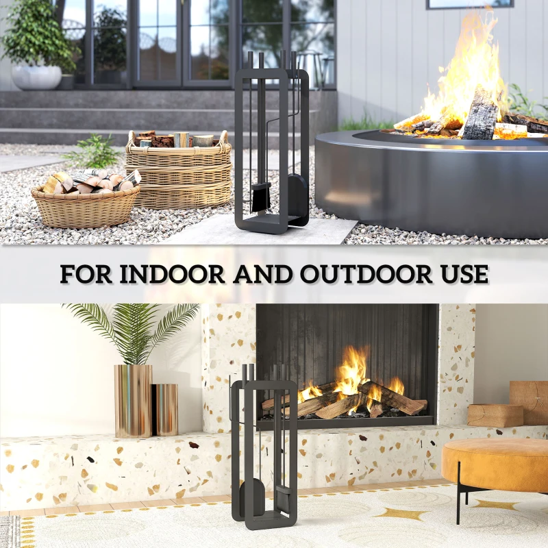 Outsunny 5 Pieces Fireplace Companion Set, Metal Fireplace Accessories Fireside Companion Set with Brush, Shovel, Poker, A Pair of Tongs, Stand, Black