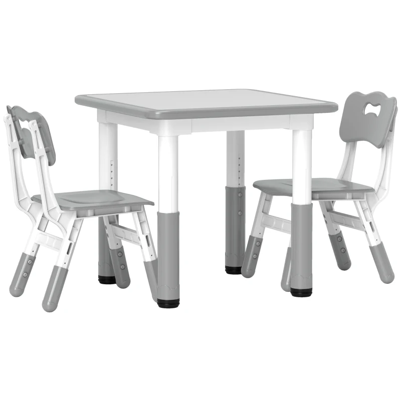 AIYAPLAY Height Adjustable Toddler Table and Chair Set, 3 Pcs Children Activity Table w/ 2 Chairs, for Playroom, Bedroom - Grey