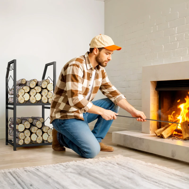 Outsunny Suport de Lemne din Oțel pe 2 Nivele cu 3 Cârlige Laterale 41x30x81cm Negru