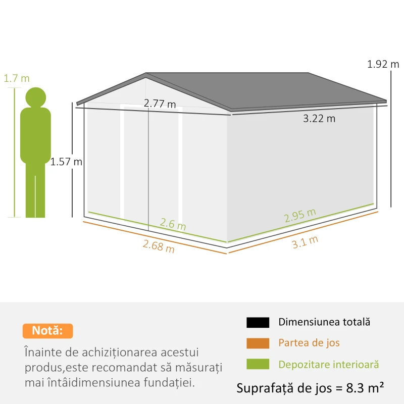 Outsunny Magazie de Grădină 8.3m² din Oțel Zincat, Uși Duble Glisante, 277x322x192 cm, Maro