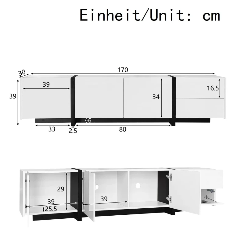Supporto TV con mobile basso, striscia LED, 170x30x39 cm, Bianco