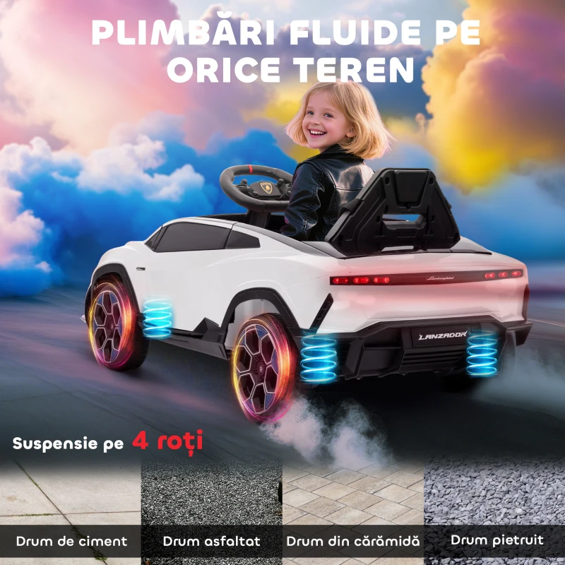 AIYAPLAY Mașină Electrică pentru Copii Licență Lamborghini cu Claxon și Telecomandă, 101.5x49x43 cm, Albă