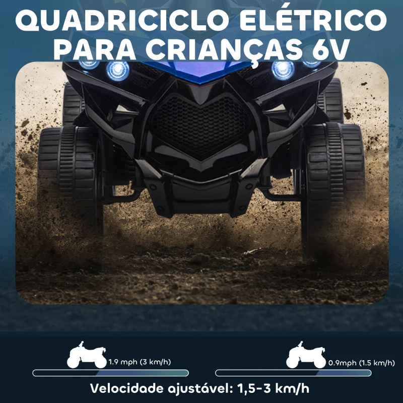 AIYAPLAY Quadriciclo Elétrico para Crianças 6 V Quadriciclo para Crianças com Velocidade até 3 km/h Faróis e Música 70x42x45 cm Azul