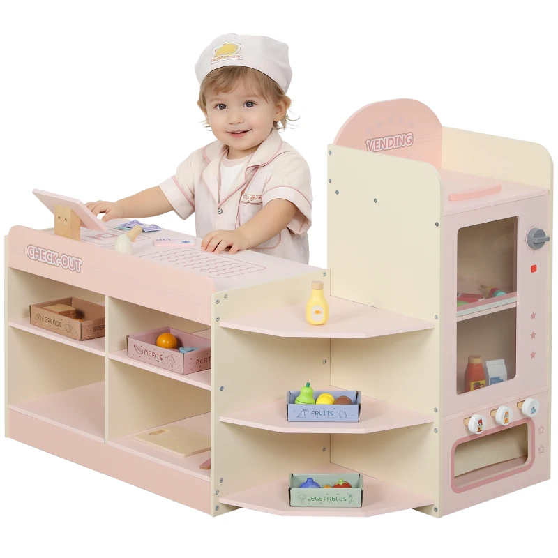 AIYAPLAY Supermarché pour enfant, marchande en bois, caisse enregistreuse, distributeur et accessoires, 90,7x60x73,8cm, vert