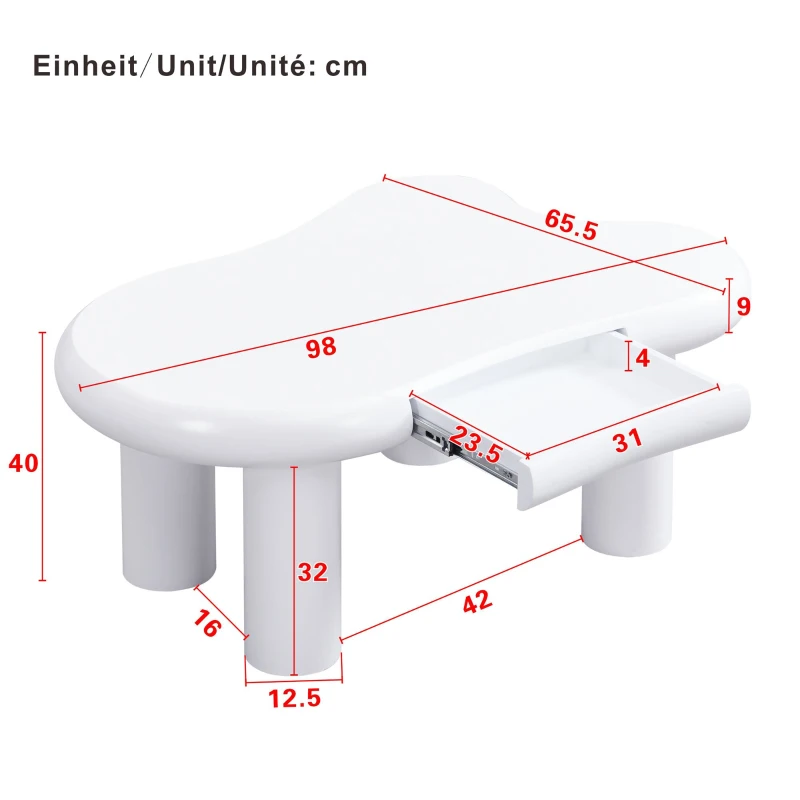 Tavolino da salotto a forma di nuvola, in MDF con illuminazione LED e cassetto, 98x65,5x40 cm, Bianco