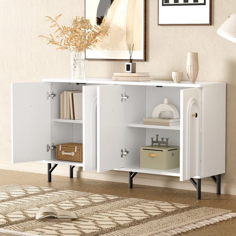 Credenza a 4 ante con frontale ad arco 3D, per soggiorno, sala da pranzo e ingresso, 140x34x78 cm, Bianco