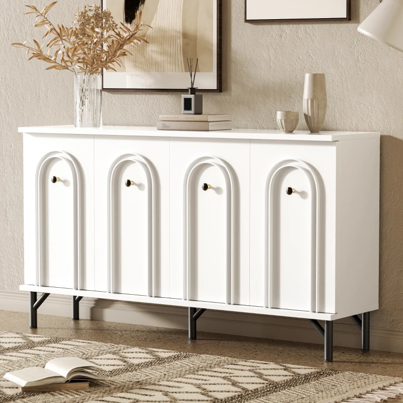Credenza a 4 ante con frontale ad arco 3D, per soggiorno, sala da pranzo e ingresso, 140x34x78 cm, Bianco