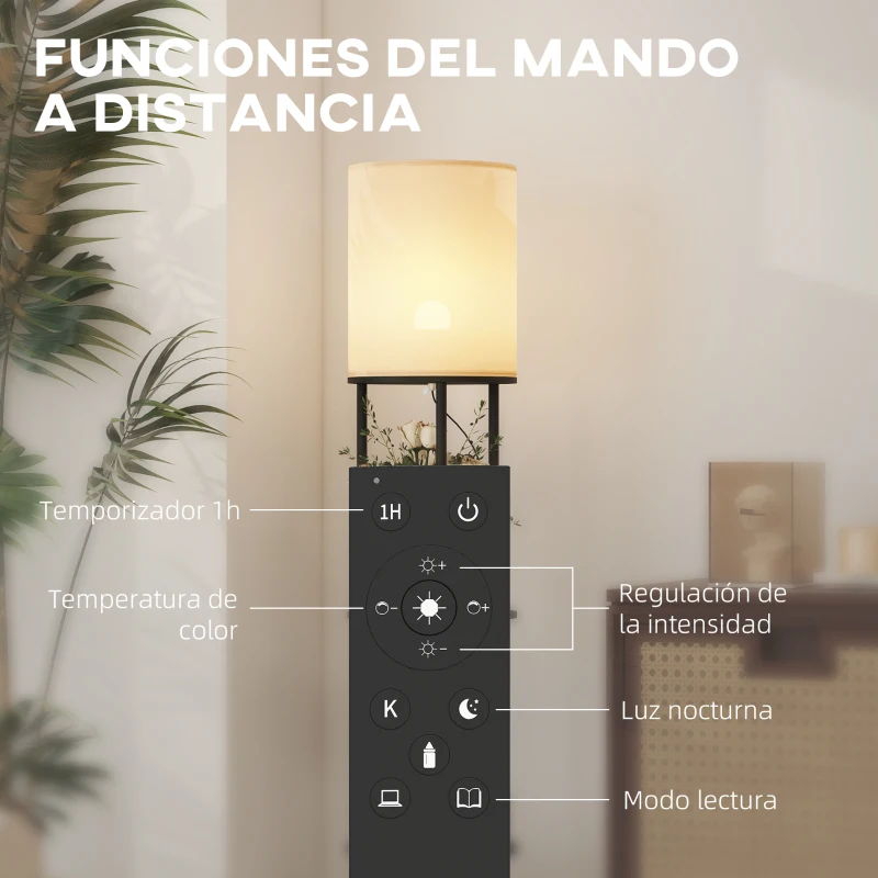 HOMCOM Lámpara de Pie con Estantes con 3 Temperaturas de Color Control Remoto para Salón Dormitorio Oficina Negro