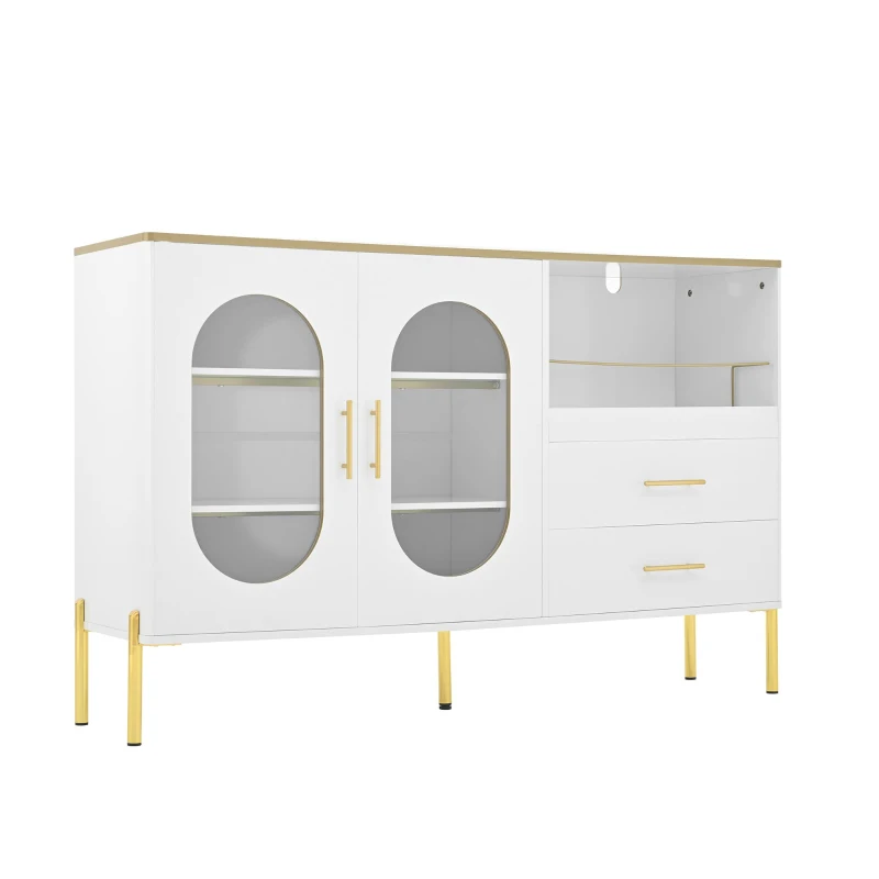 Credenza con 2 cassetti e 2 ante in vetro, ampio vano contenitivo, 140x38x90 cm, Bianco