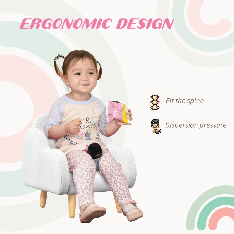 ZONEKIZ Fotoliu pentru copii cu brațe în formă de nor, cu picioare înclinate și material textil, 46 x 51 x 55 cm, alb