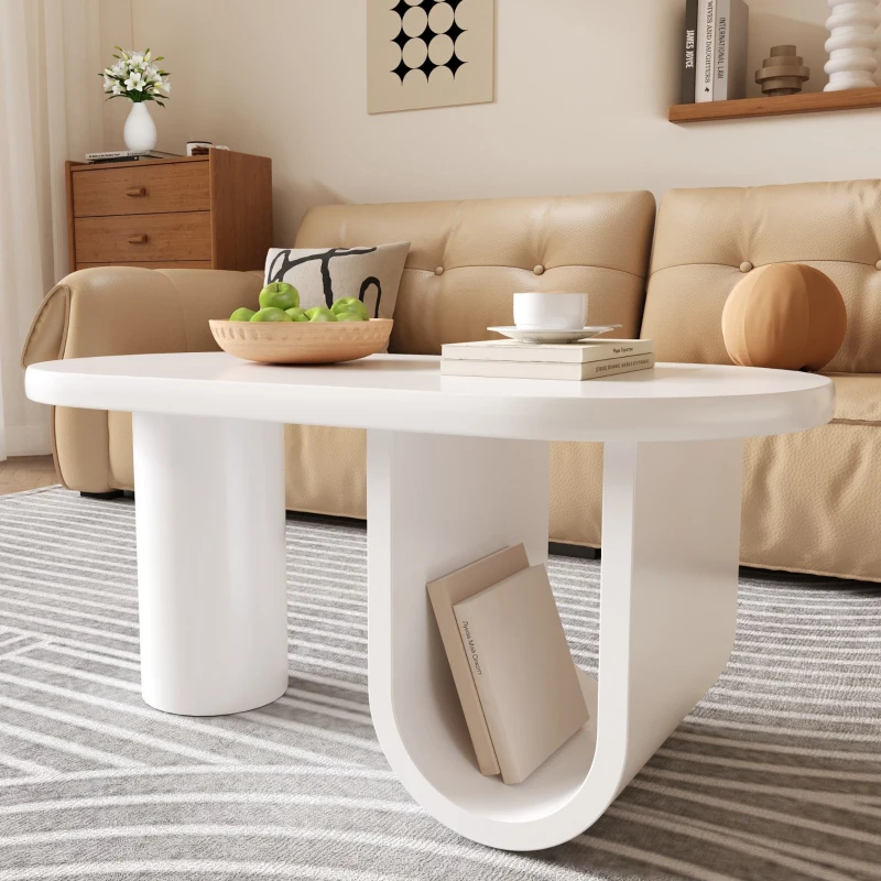 Tavolino da salotto ovale con gambe a U, in MDF e ampio spazio portaoggetti, 98,5x53,5x42 cm, Bianco